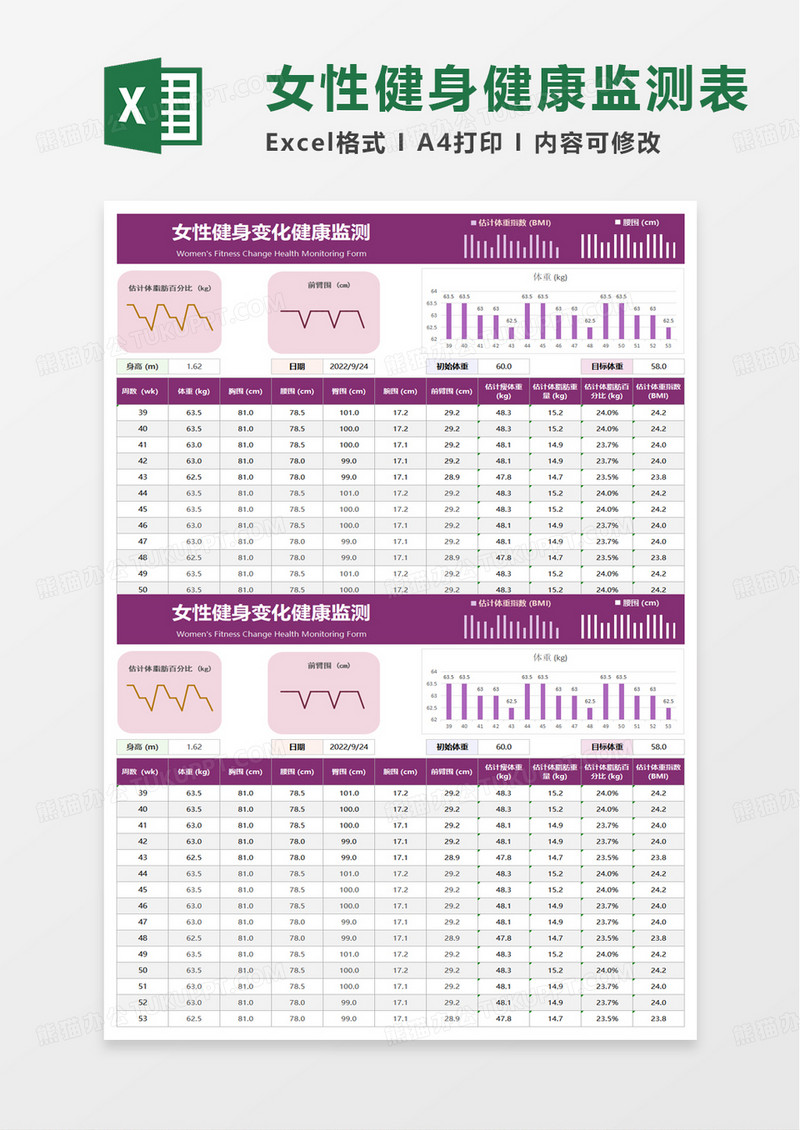 女性健身变化健康监测表excel模板