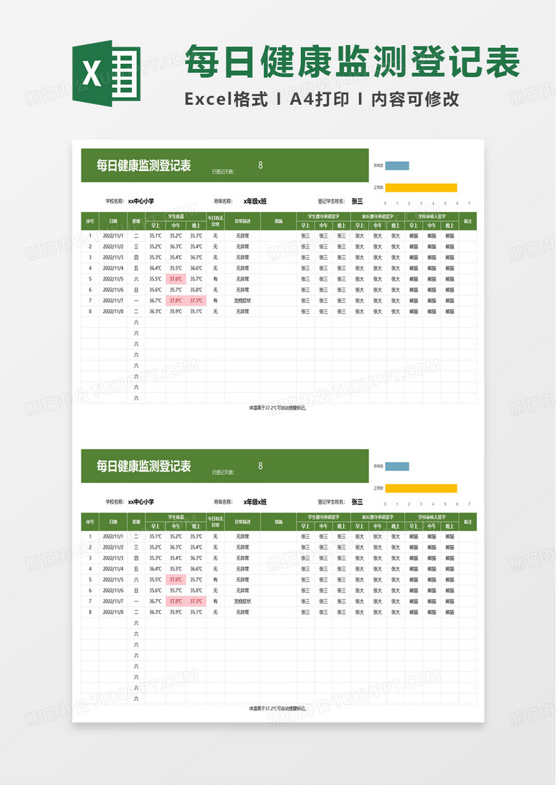 每日健康监测登记表excel模板