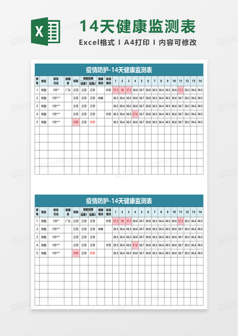 14天健康监测表excel模板