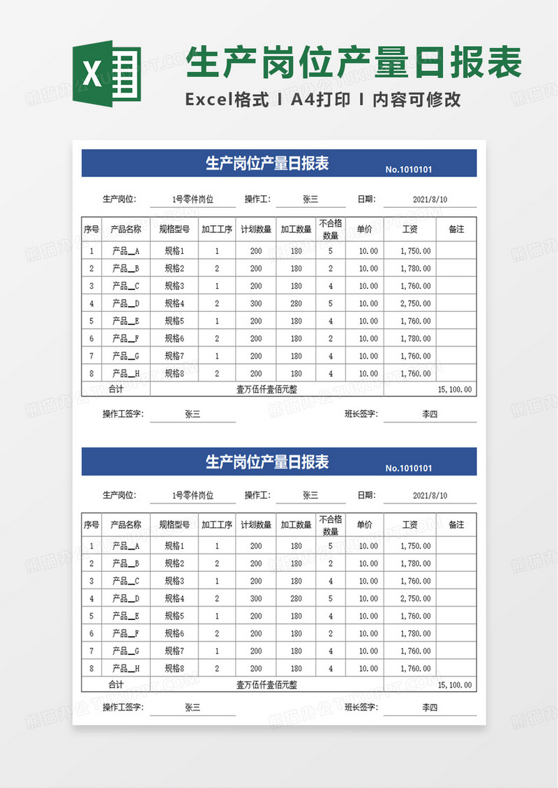 生产岗位产量日报表excel模板