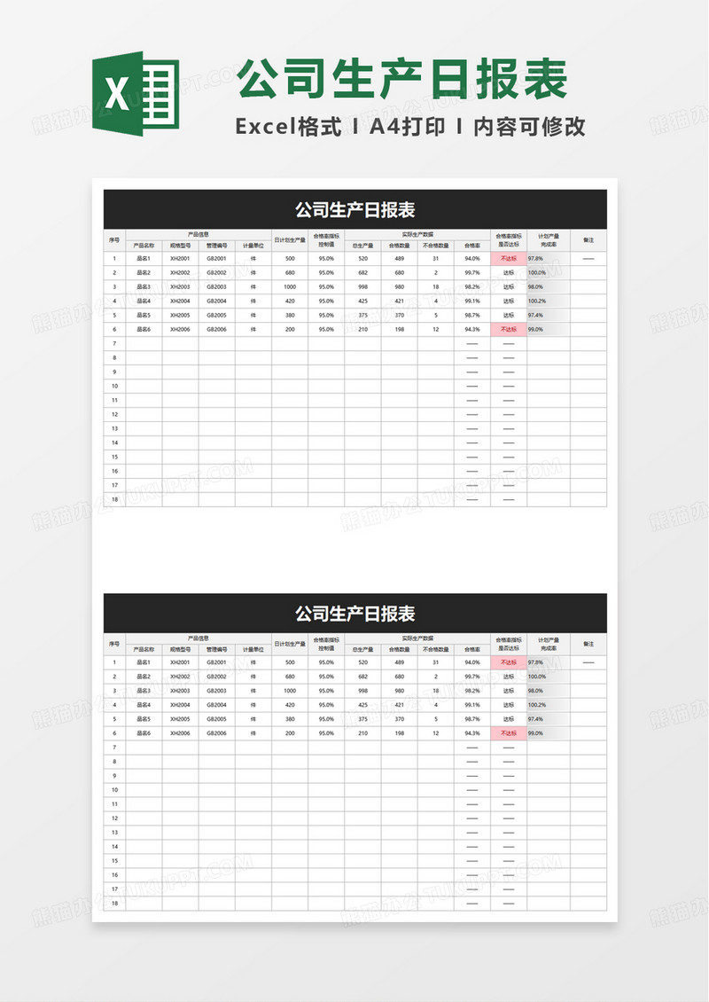 通用简约公司生产日报表excel模板