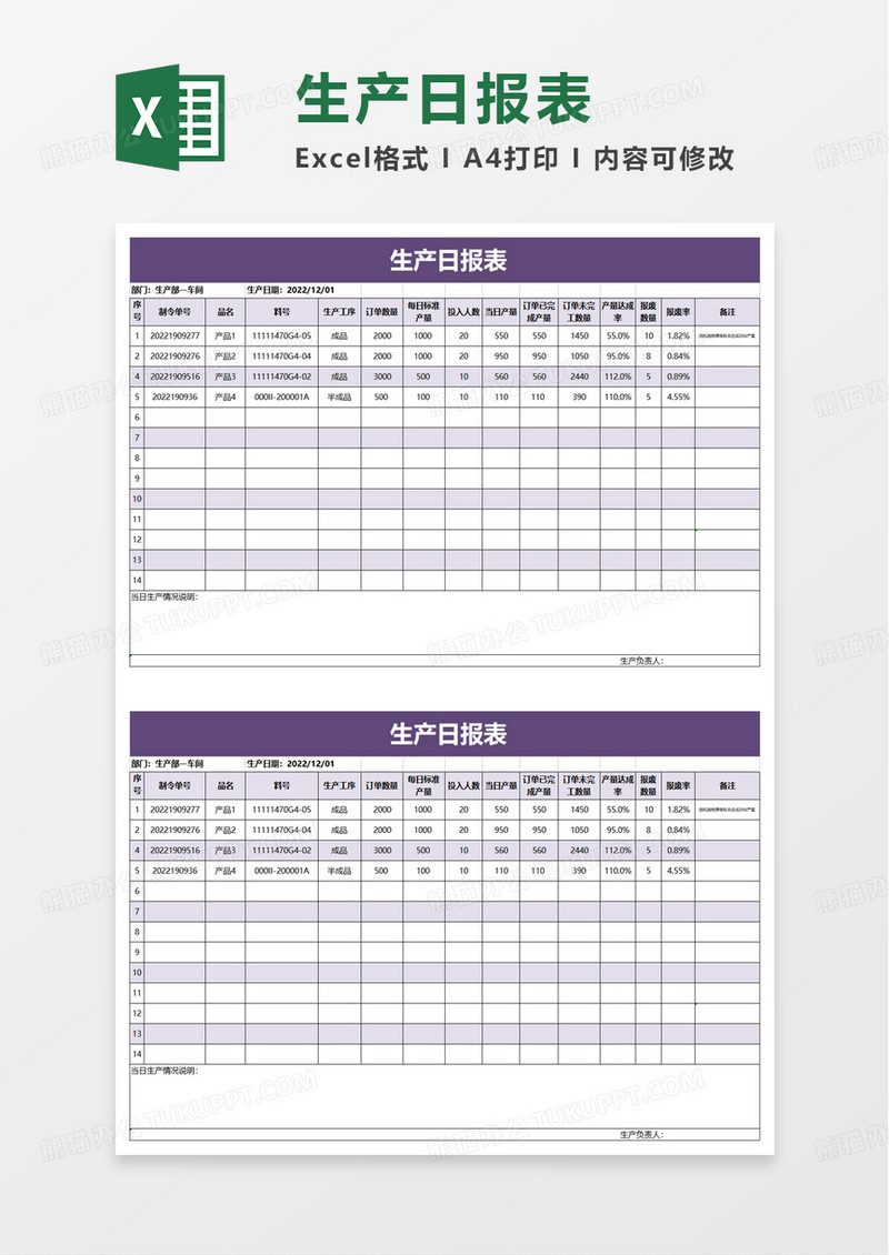 简约简洁商务生产日报表excel模板