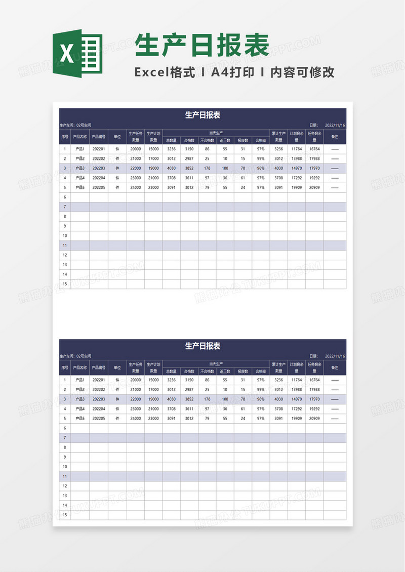 简洁简约商务生产日报表excel模板