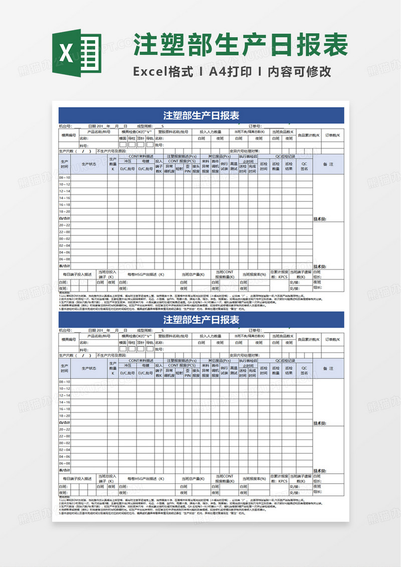 注塑部生产日报表excel模板