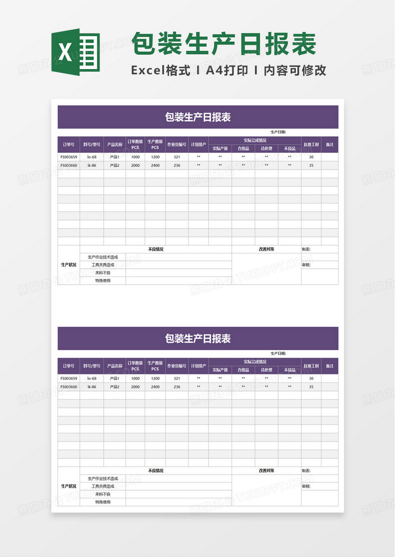 包装生产日报表excel模板