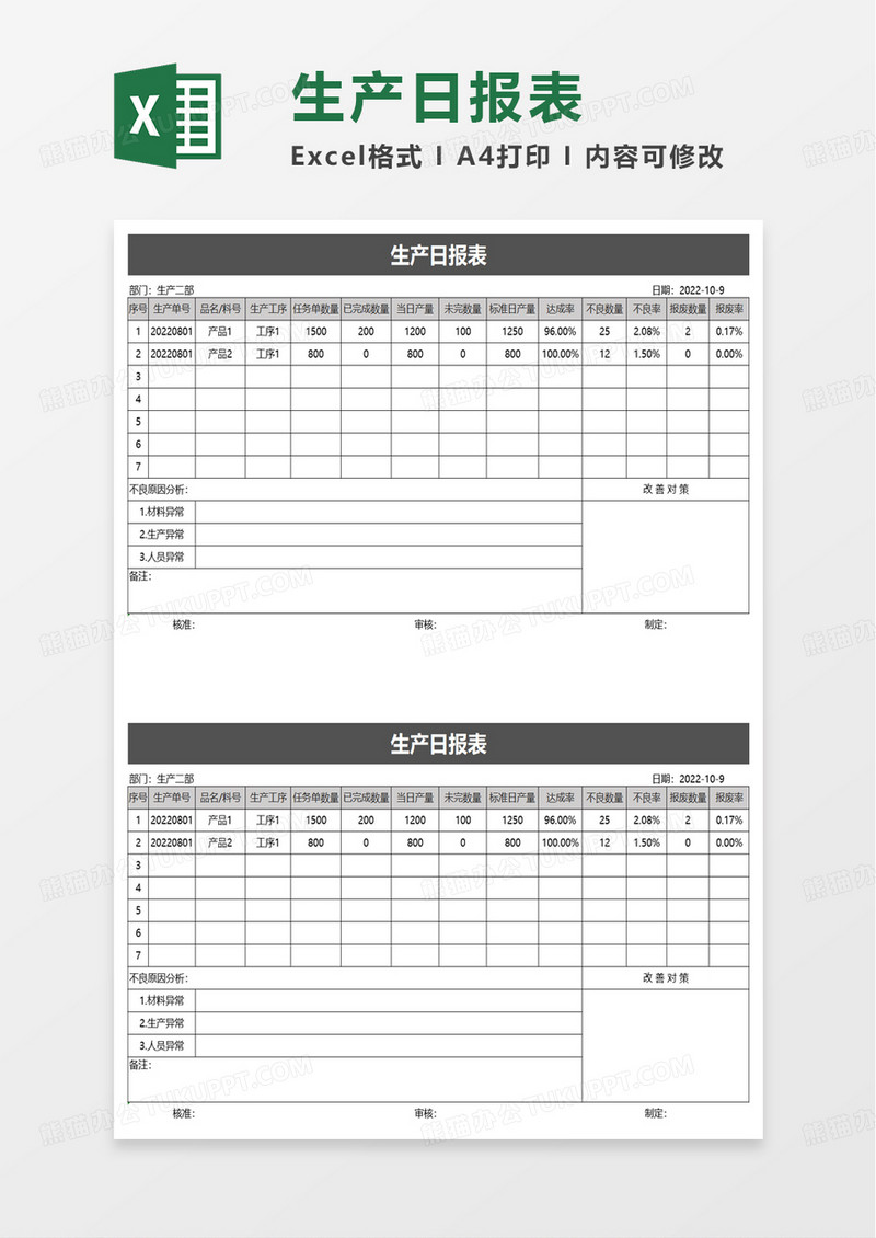 简洁商务生产日报表excel模板