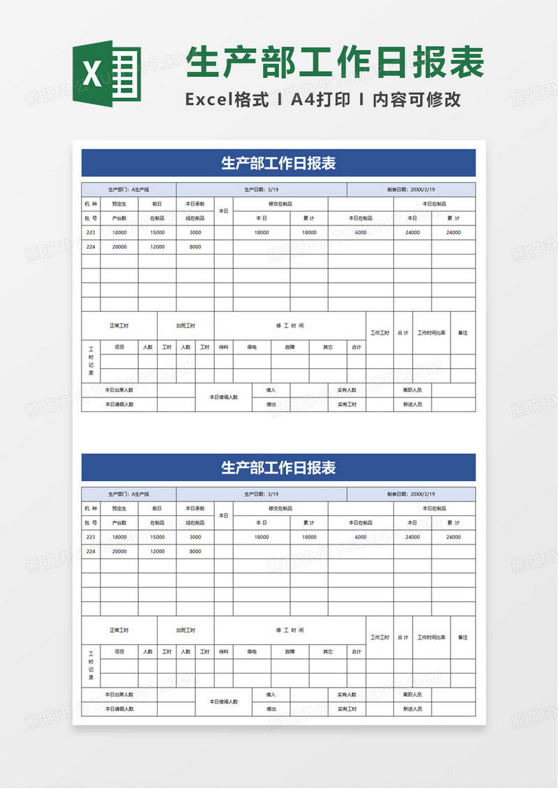 生产部工作日报表excel模板