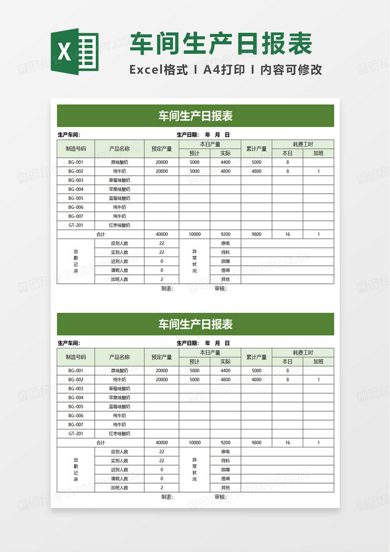 通用车间生产日报表excel模板