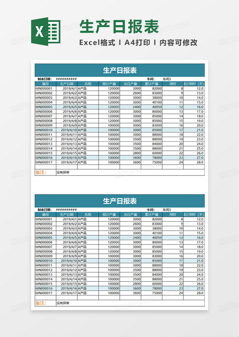 通用生产日报表excel模板
