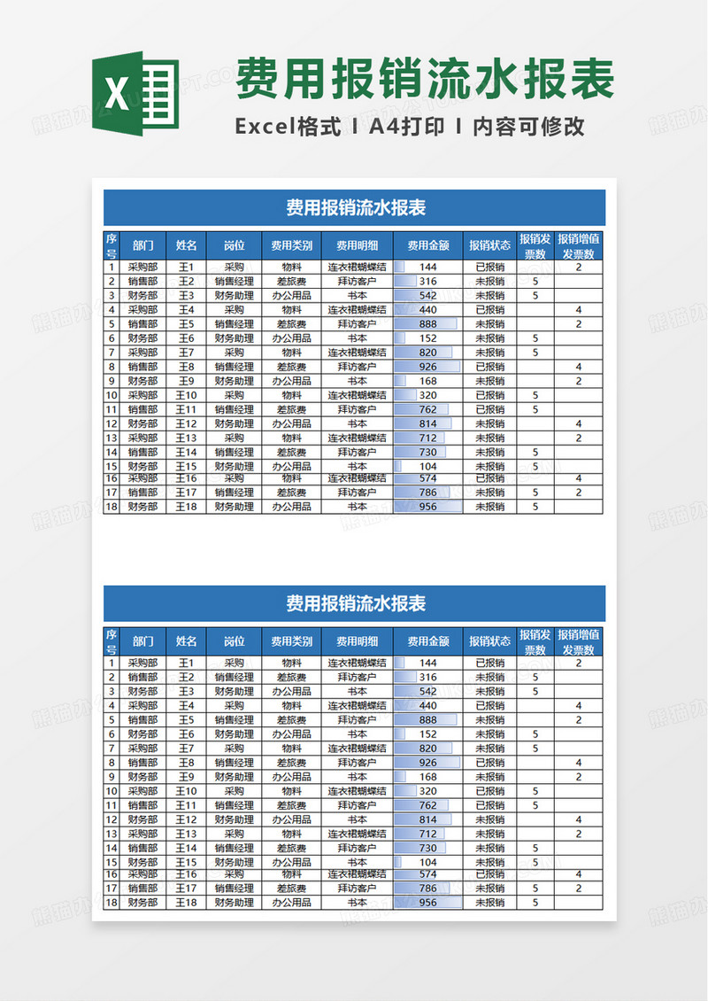 费用报销流水报表excel模板