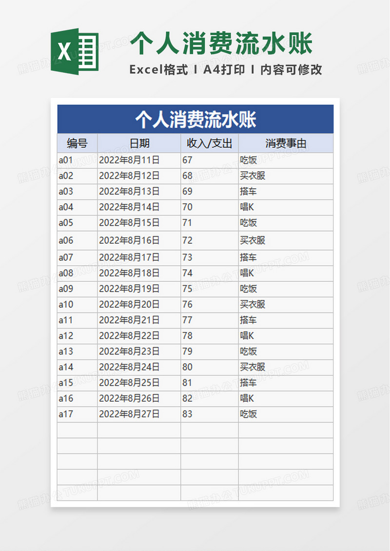 个人消费流水账excel模板