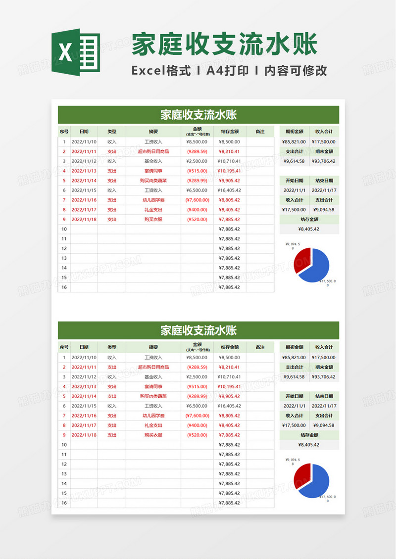 家庭收支流水账excel模板