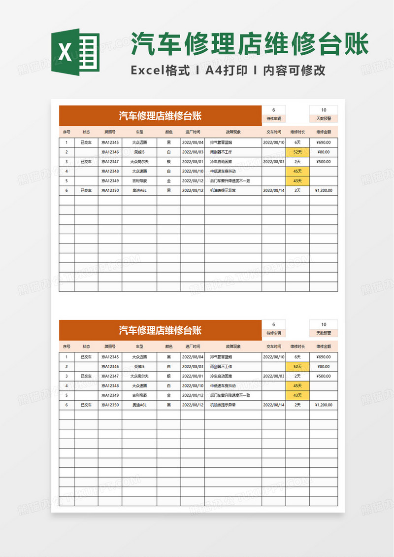 汽车修理店维修台账excel模板