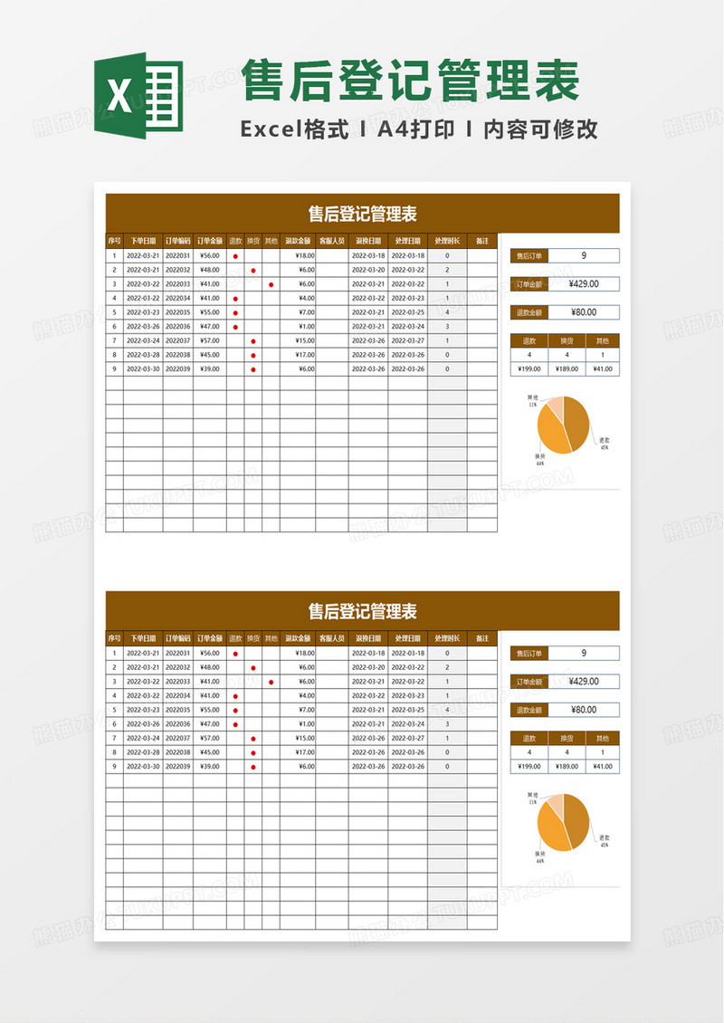 简约售后登记管理表excel模板