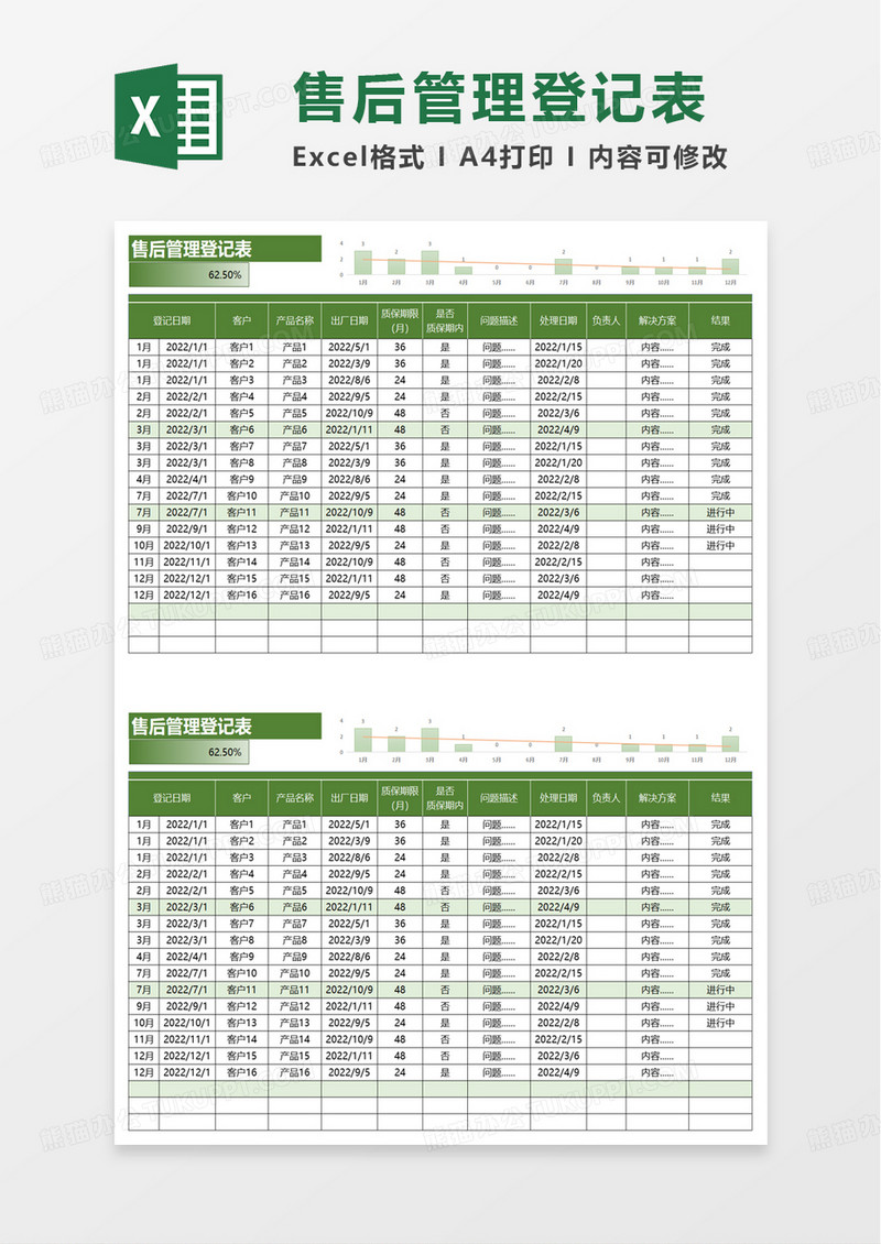 简洁通用售后管理登记表excel模板