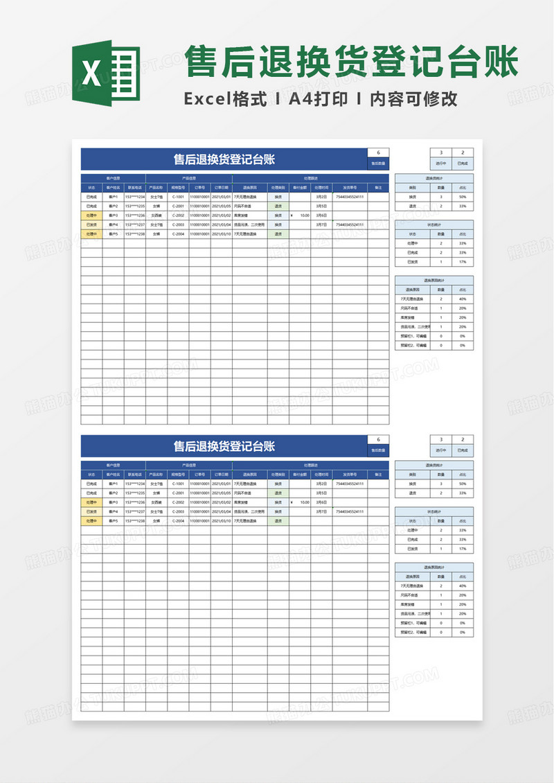 售后退换货登记台账excel模板