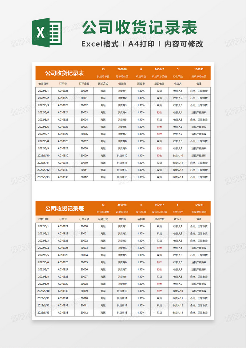 公司收货记录表excel模板