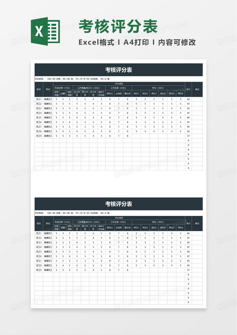 考核评分表excel模板