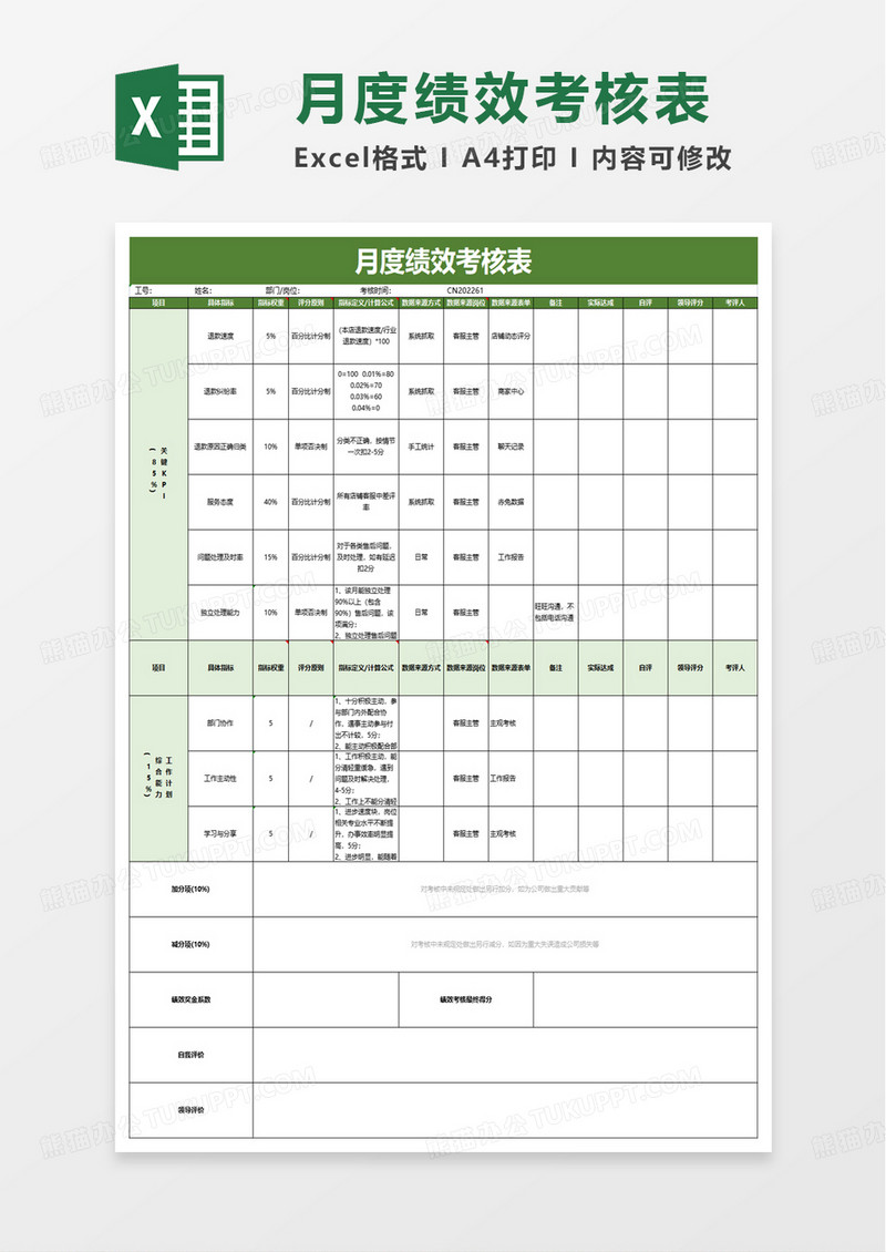 简约通用月度绩效考核表excel模板