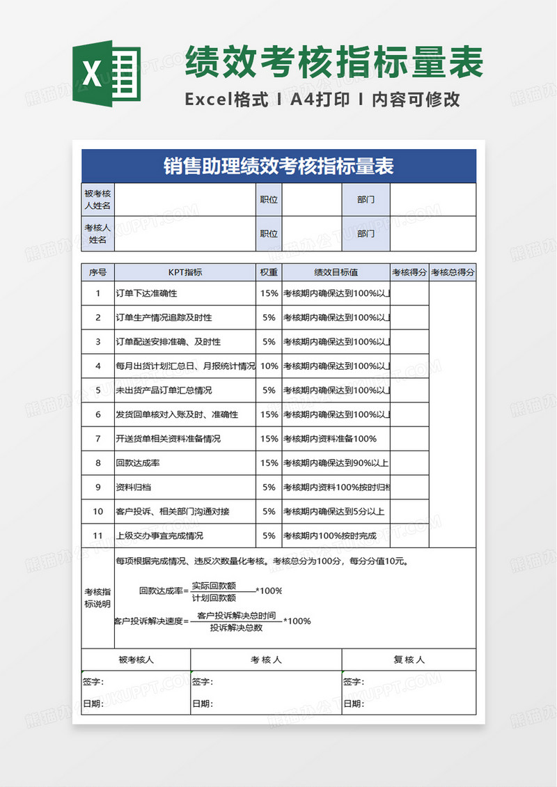 销售助理绩效考核指标量表excel模板