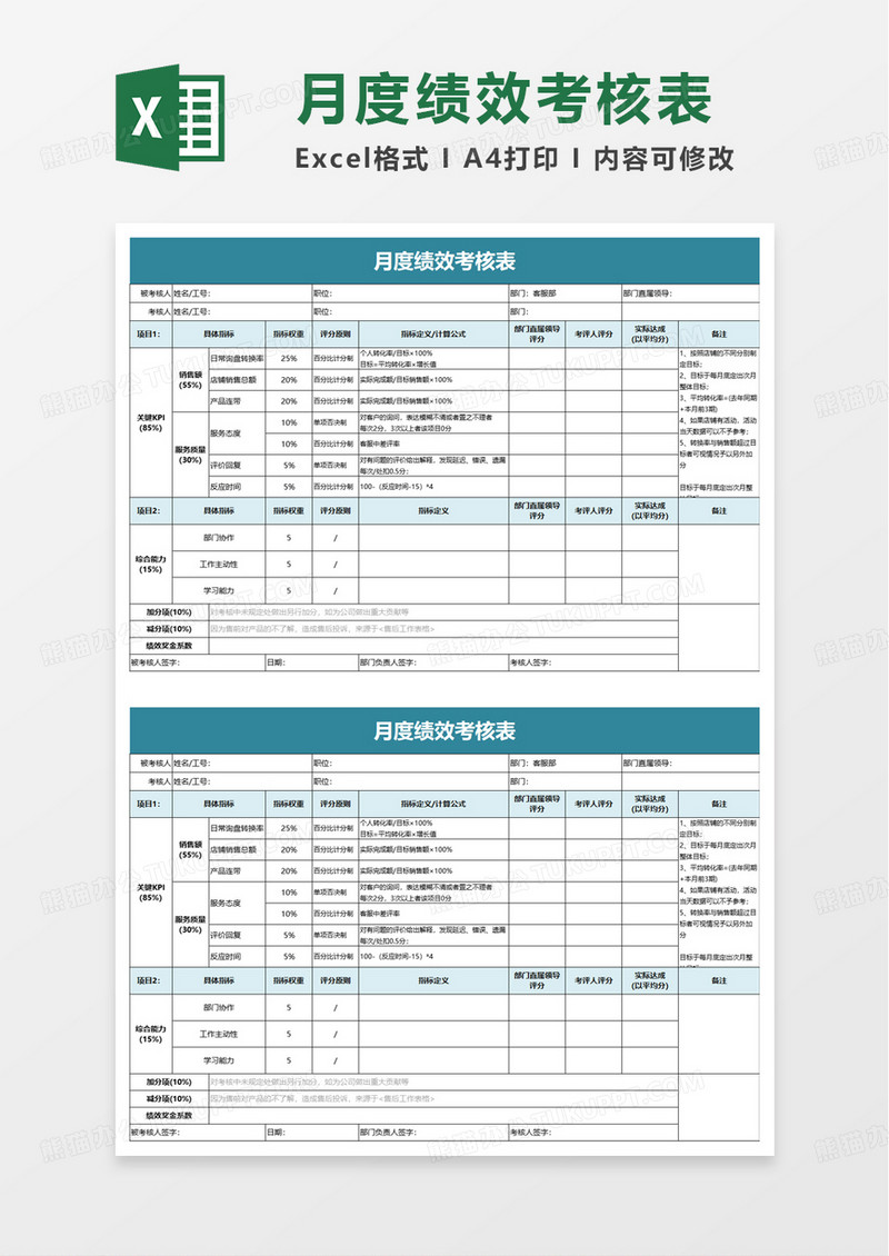 简约月度绩效考核表excel模板