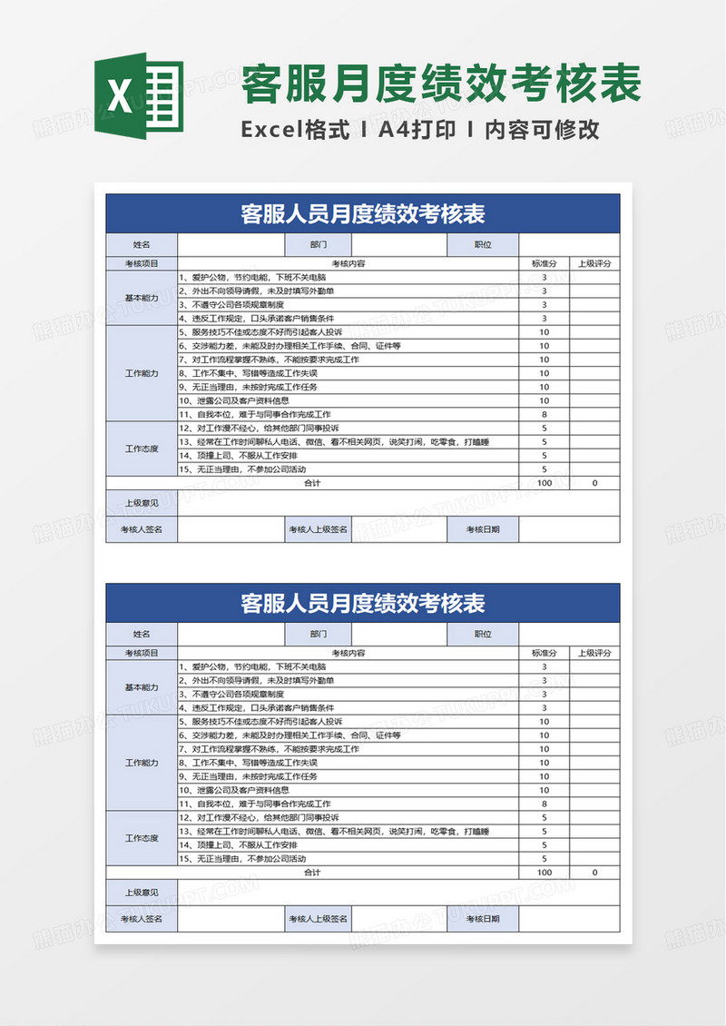 客服人员月度绩效考核表excel模板