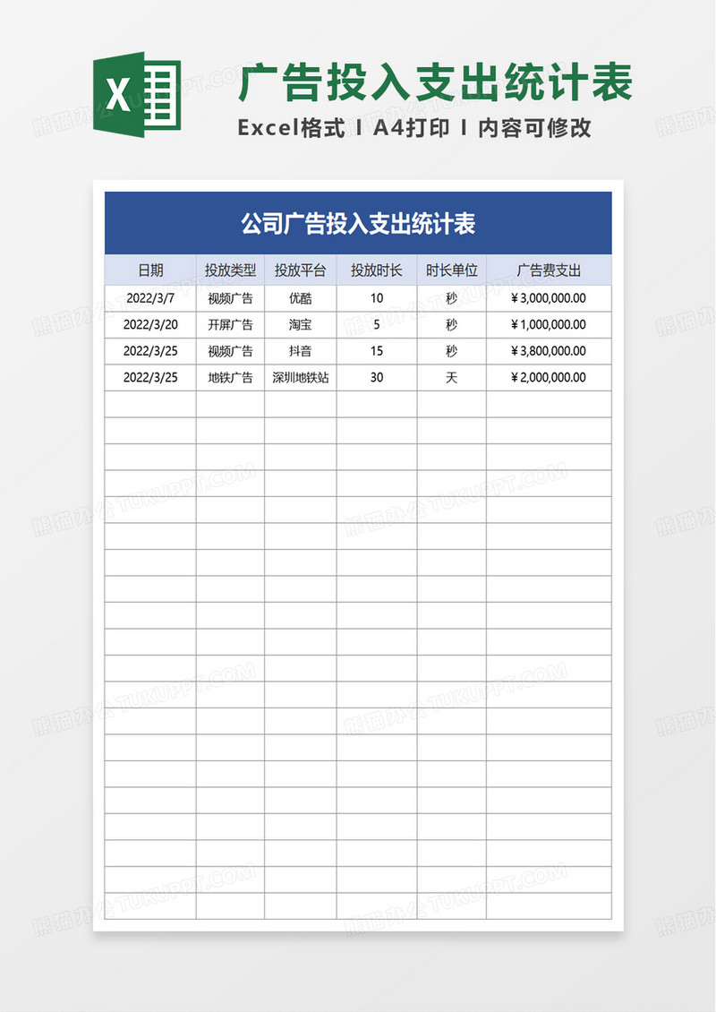 公司广告投入支出统计表excel模板