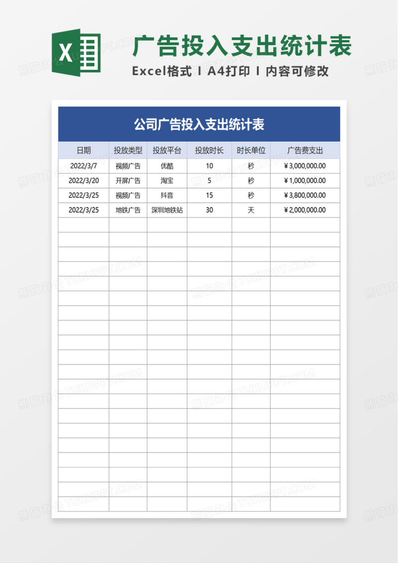 公司广告投入支出统计表excel模板