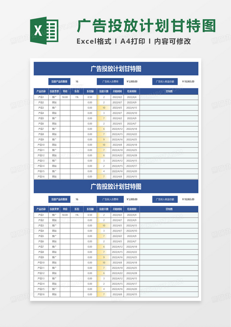 广告投放计划甘特图excel模板