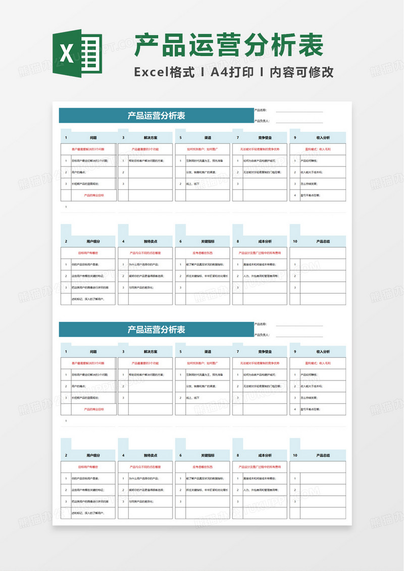 产品运营分析表excel模板