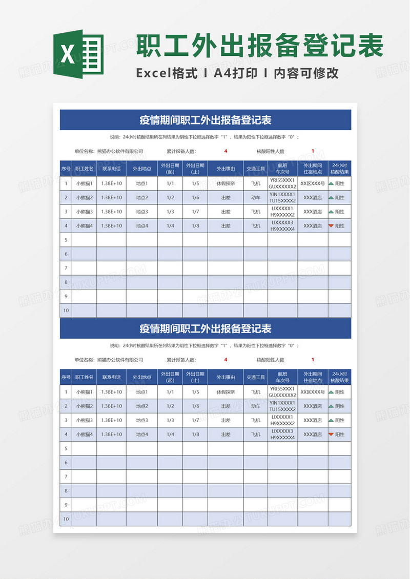 职工外出报备登记表excel模板