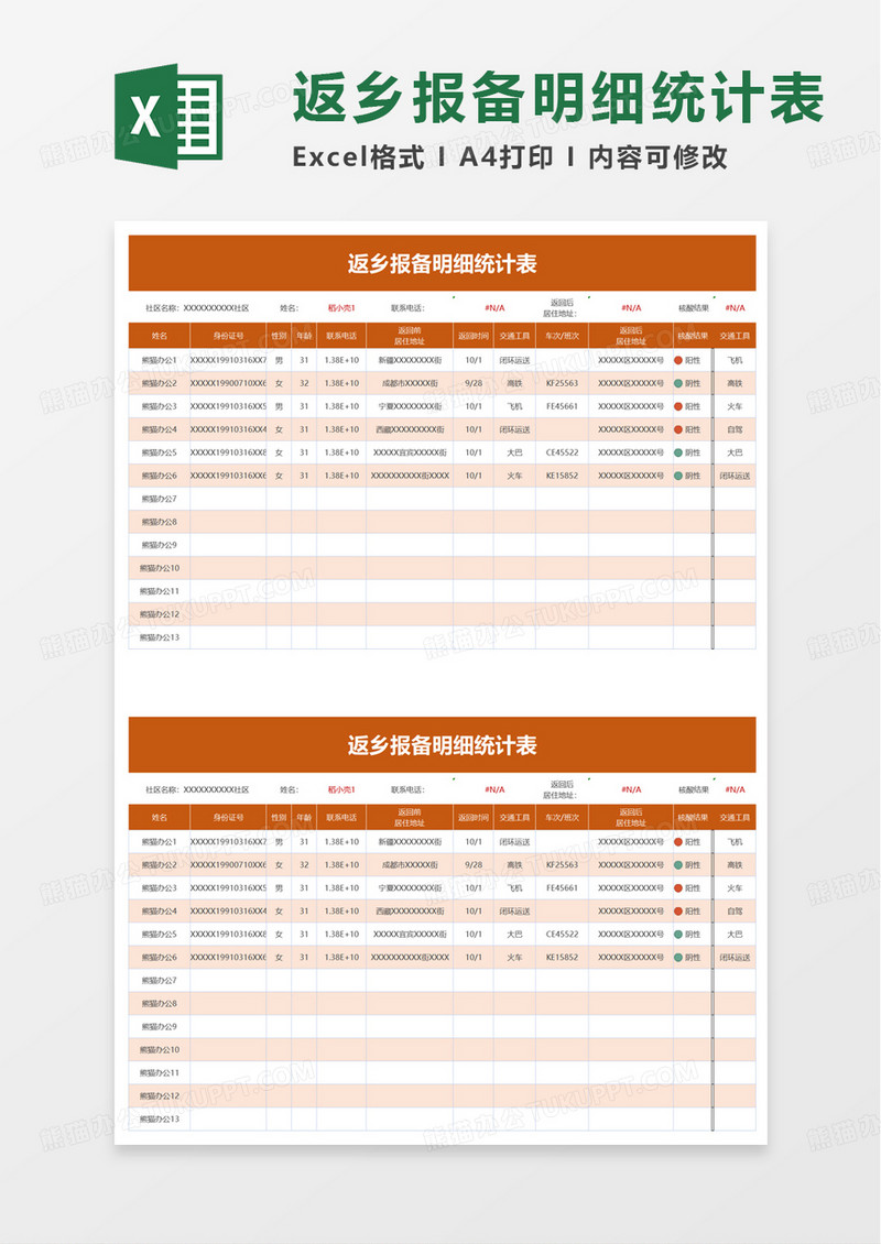 返乡报备明细统计表excel模板