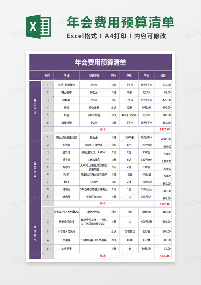 年会费用预算清单excel模板