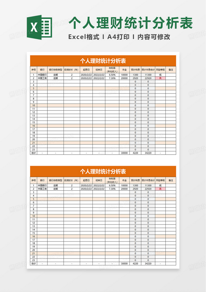 个人理财统计分析表excel模板