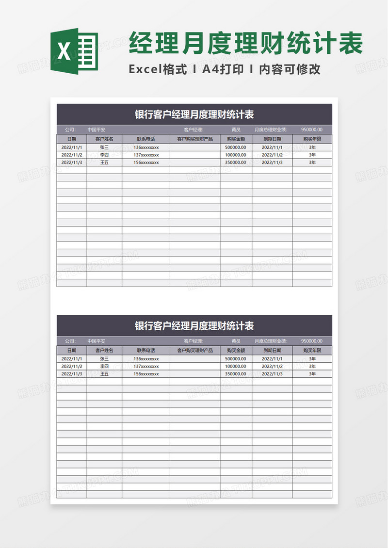 经理月度理财统计表excel模板
