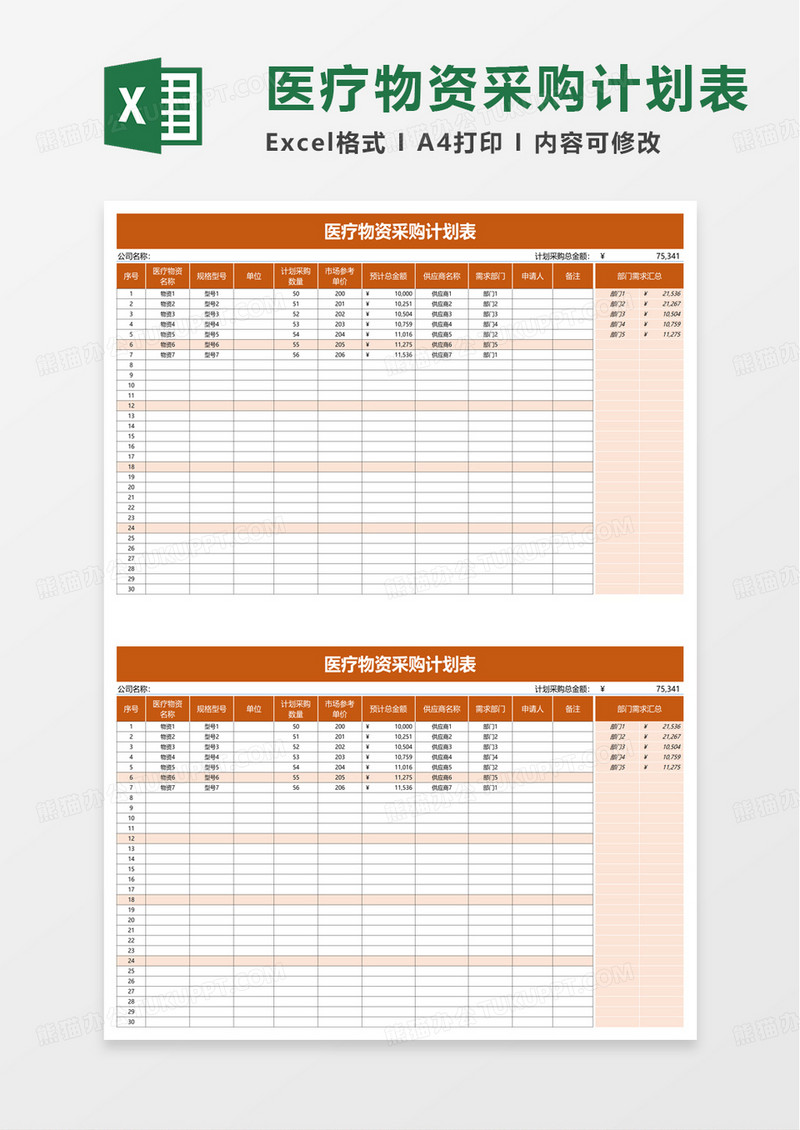 医疗物资采购计划表excel模板