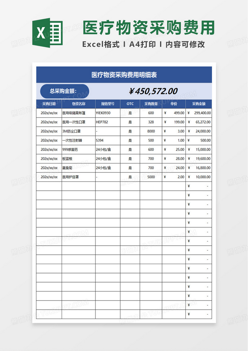 医疗物资采购费用明细表excel模板