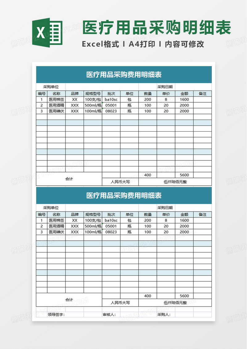 医疗用品采购费用明细表excel模板