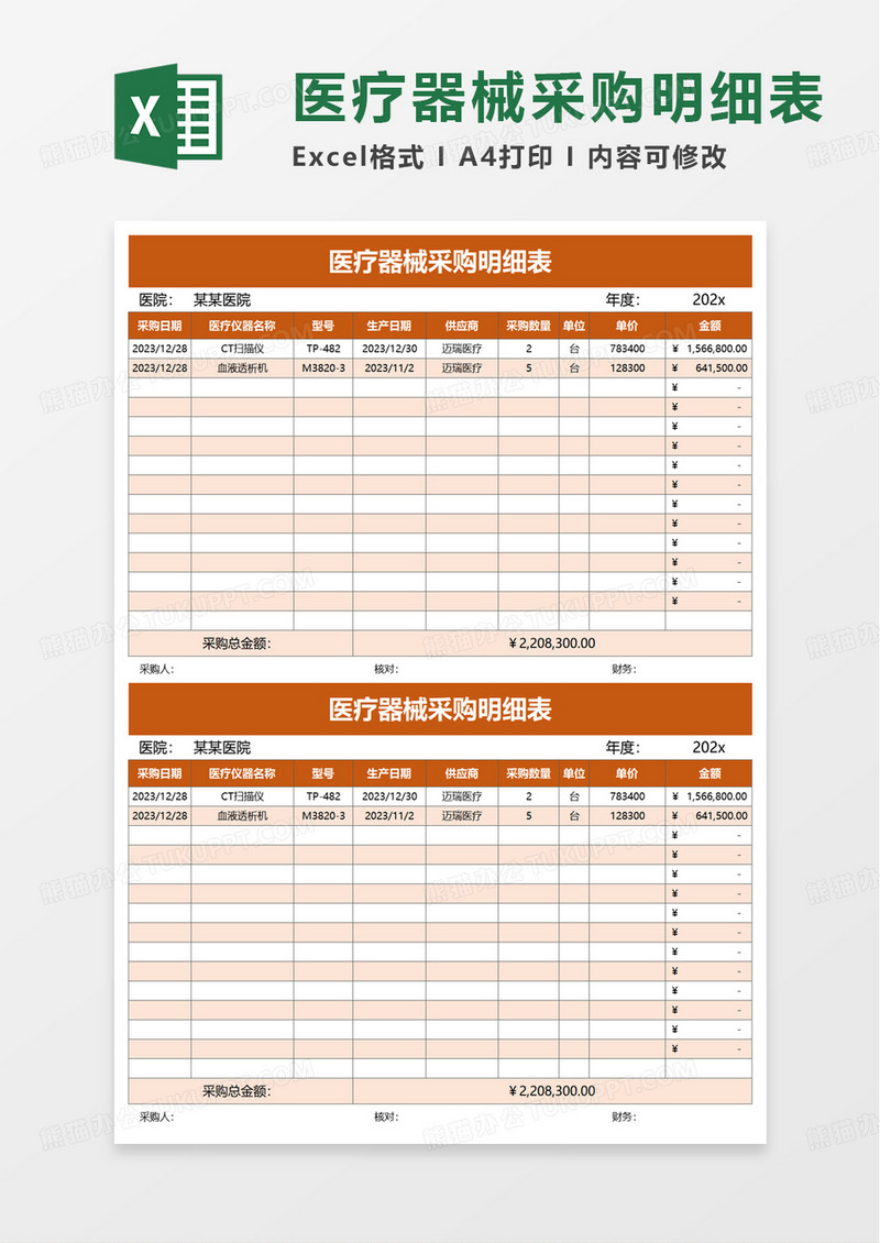 医疗器械采购明细表excel模板