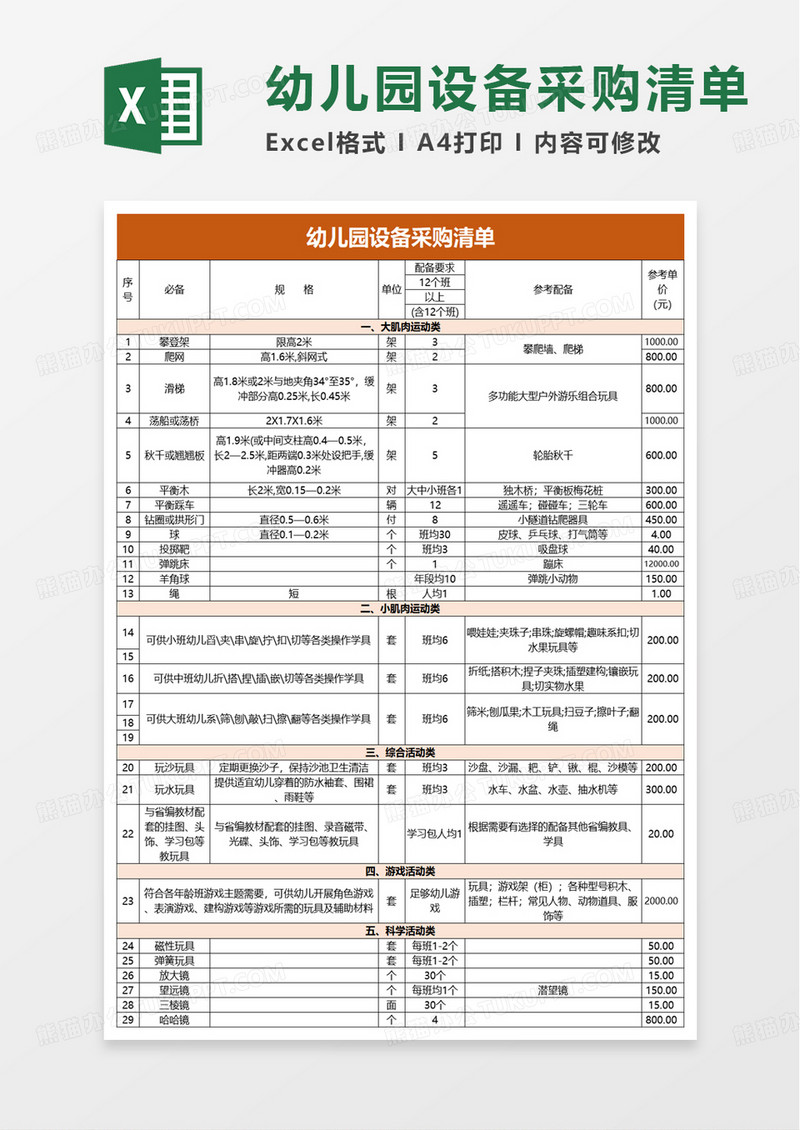 幼儿园设备采购清单excel模板