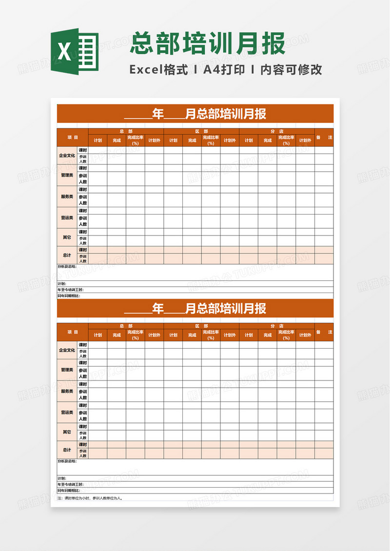 总部培训月报excel模板