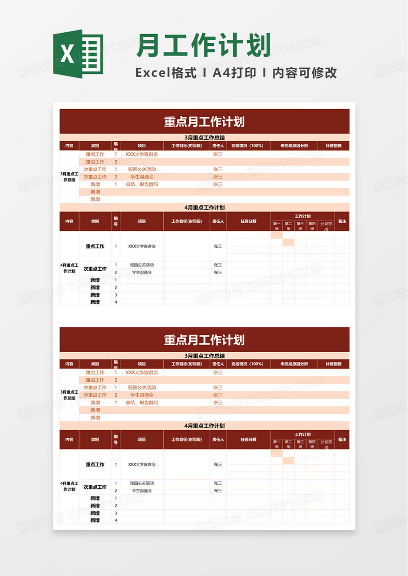 重点月工作计划excel模板