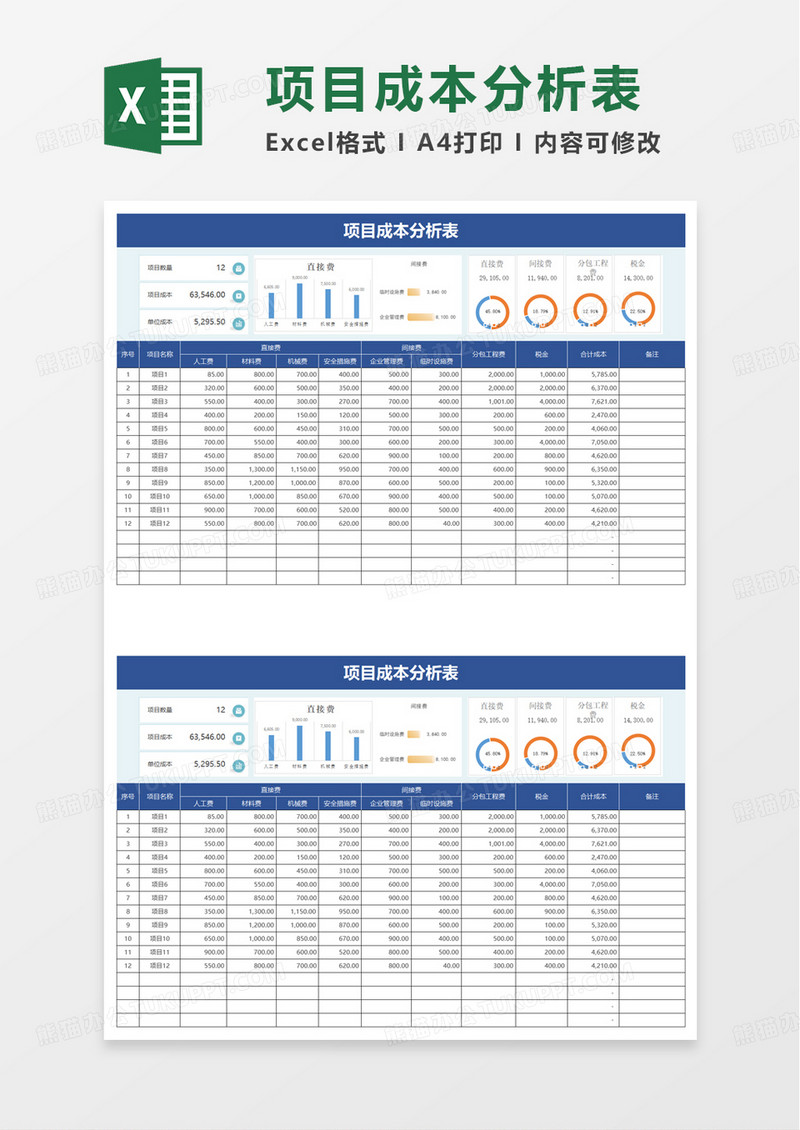 通用项目成本分析表excel模板