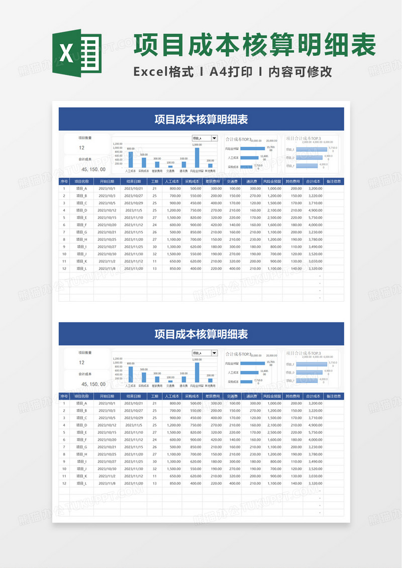 项目成本核算明细表excel模板