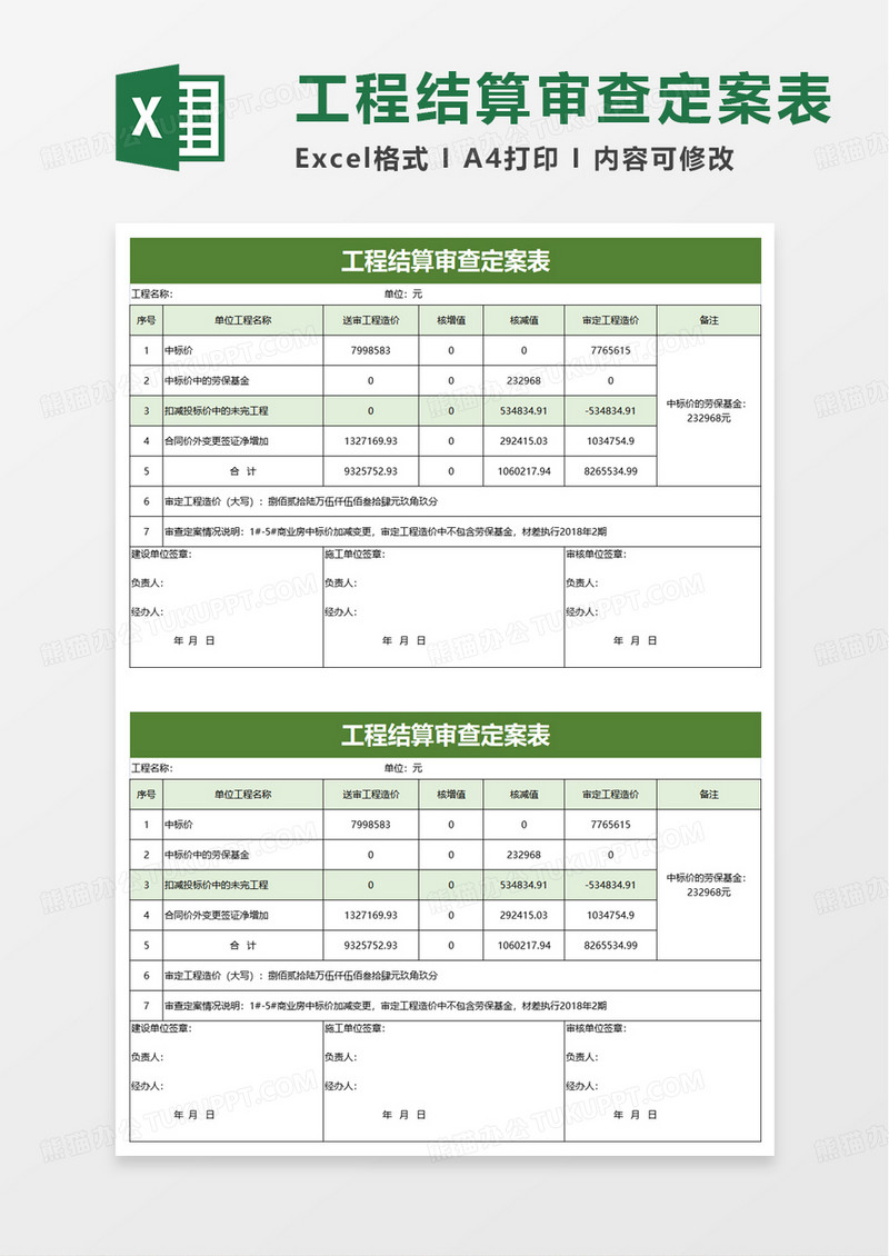 工程结算审查定案表excel模板