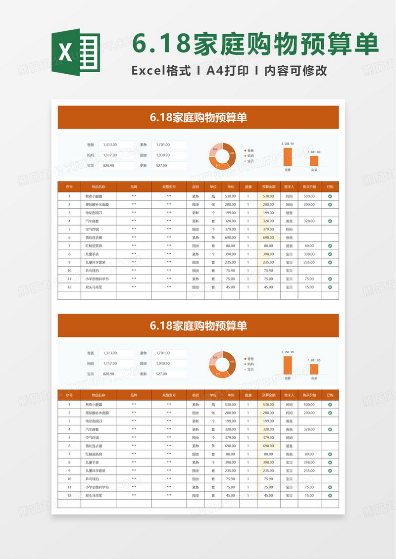 618家庭购物预算单excel模板