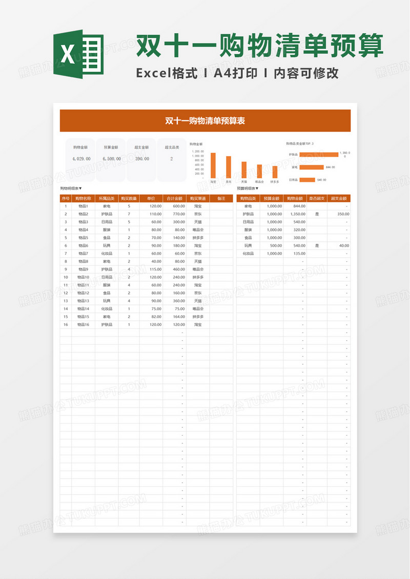双十一购物清单预算表excel模板