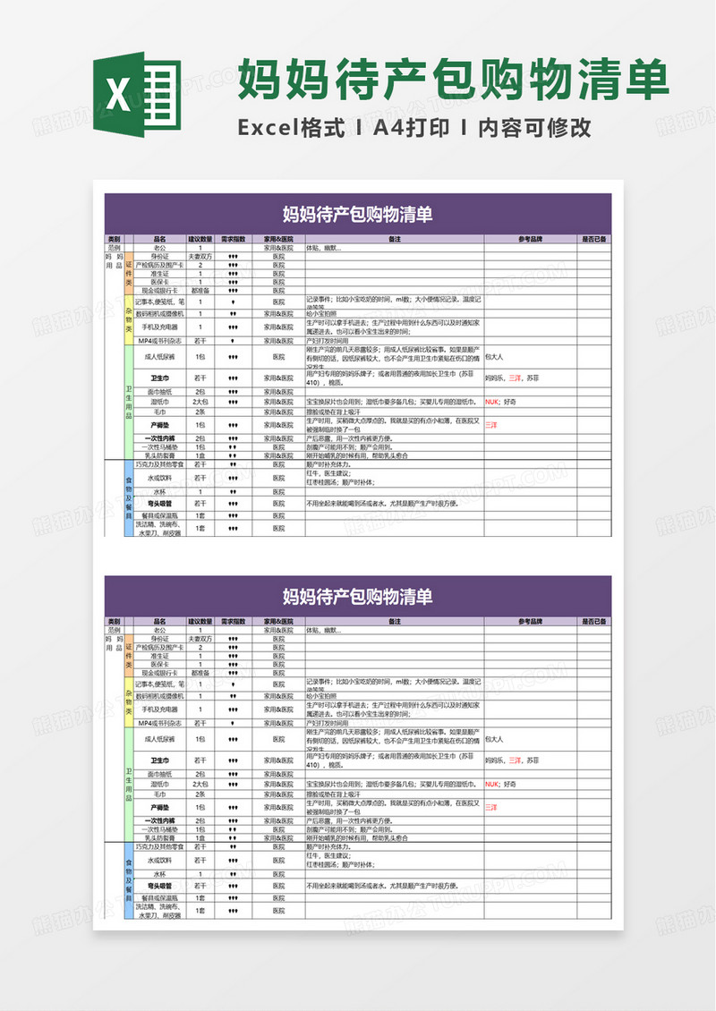 妈妈待产包购物清单excel模板