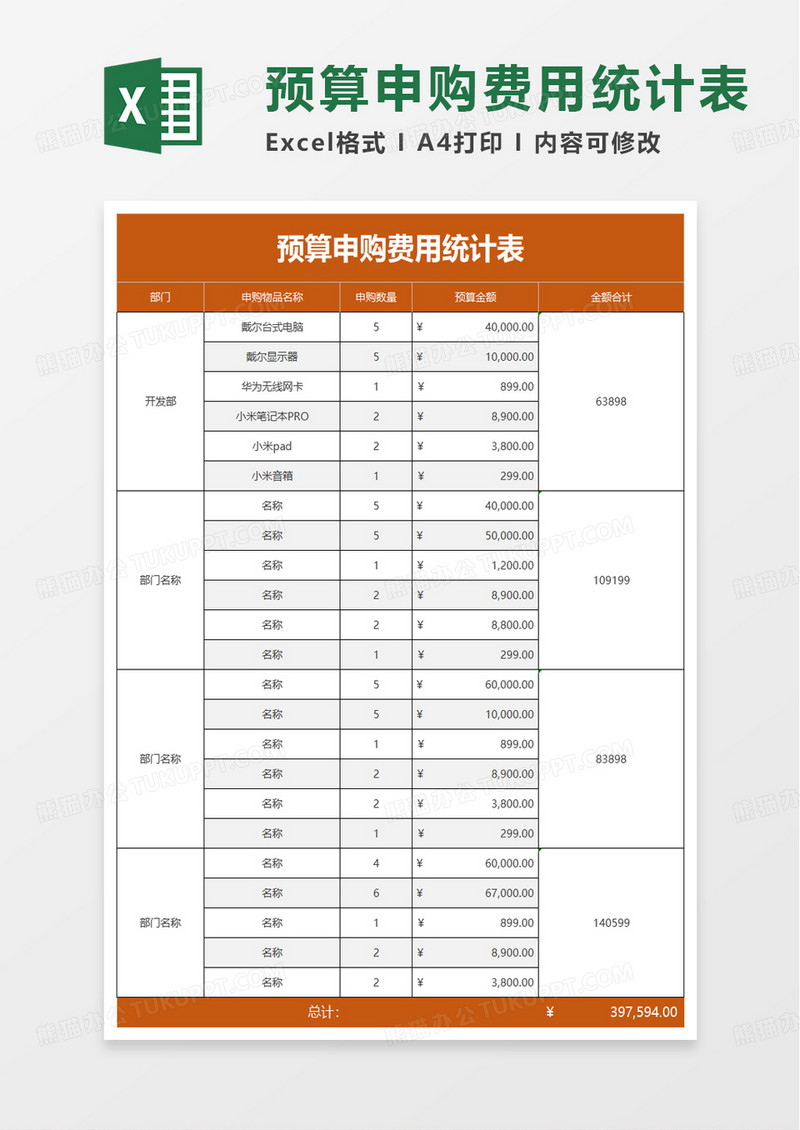 预算申购费用统计表excel模板