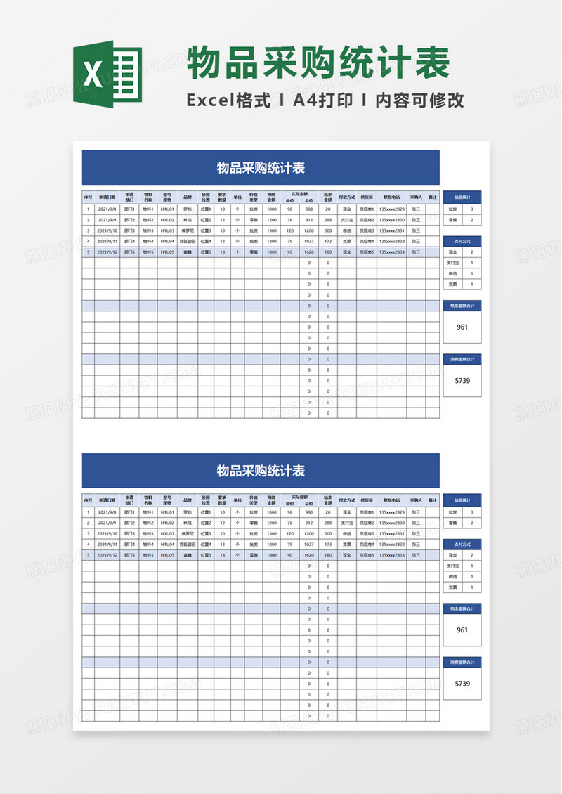 物品采购统计表excel模板